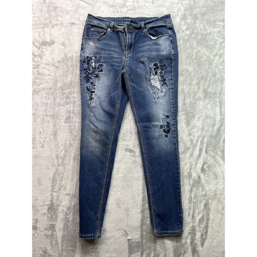 JW Styles Womens Sz 10 Designer Jeans Blue Skinny Floral Mid Rise Stretch BOHO